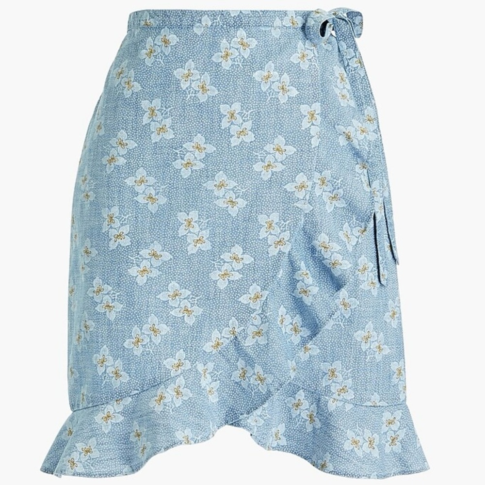 J Crew Floral Print Faux Wrap Skirt Elastic Waist Ruffle Hem Size Medium